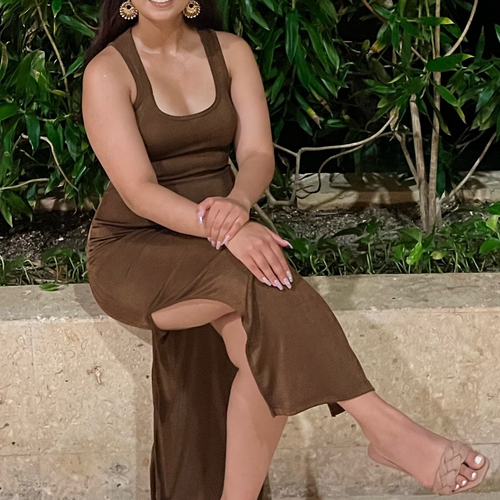 brown midi low back dress tie